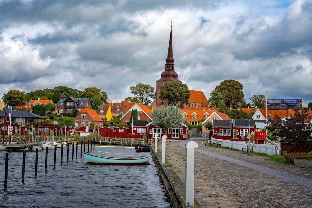 Danish fishing village harbor at dusk